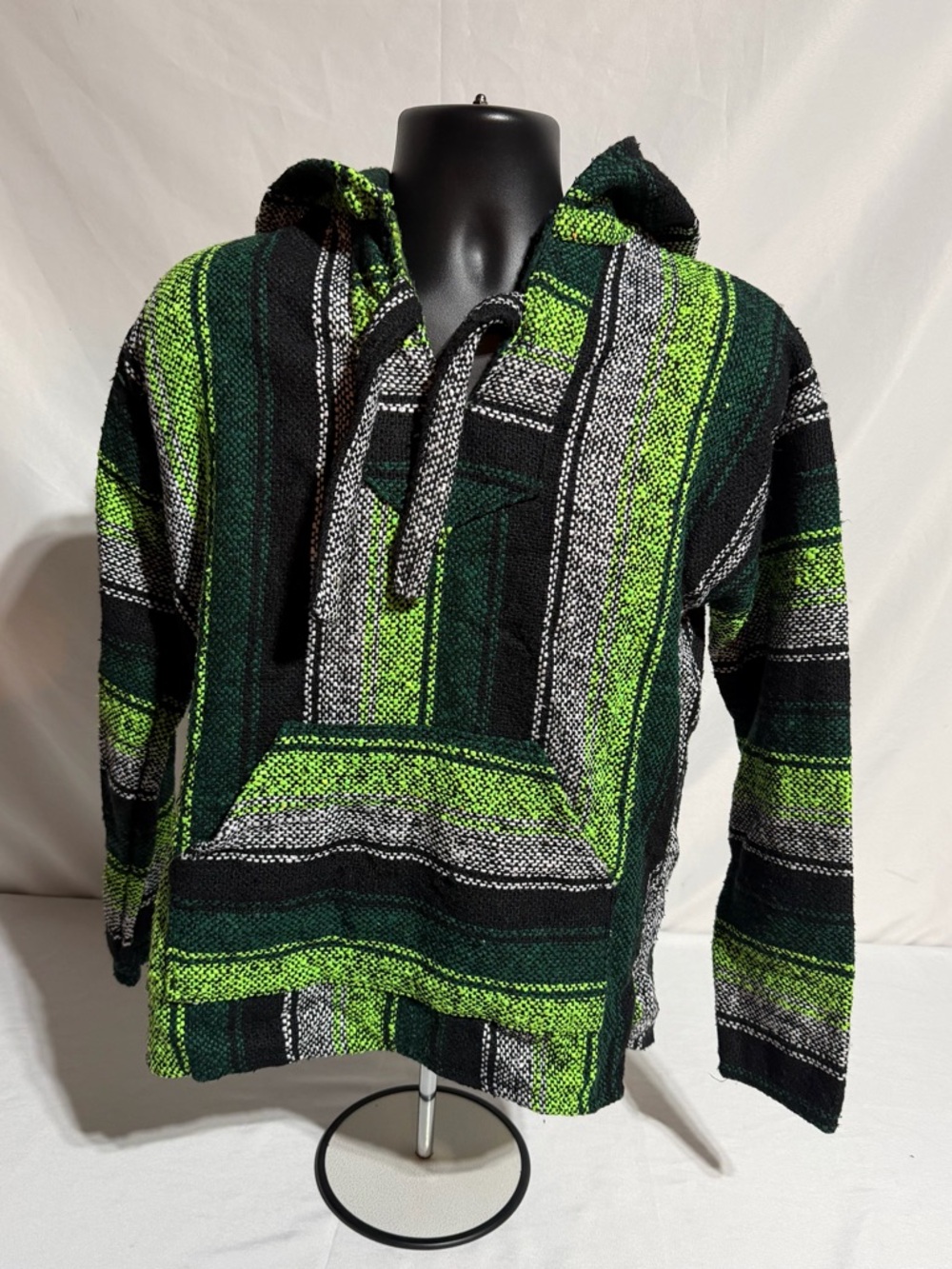 Vibrant Neon Green & Black Striped Mexican Baja Hoodie by Molina Men’s Small